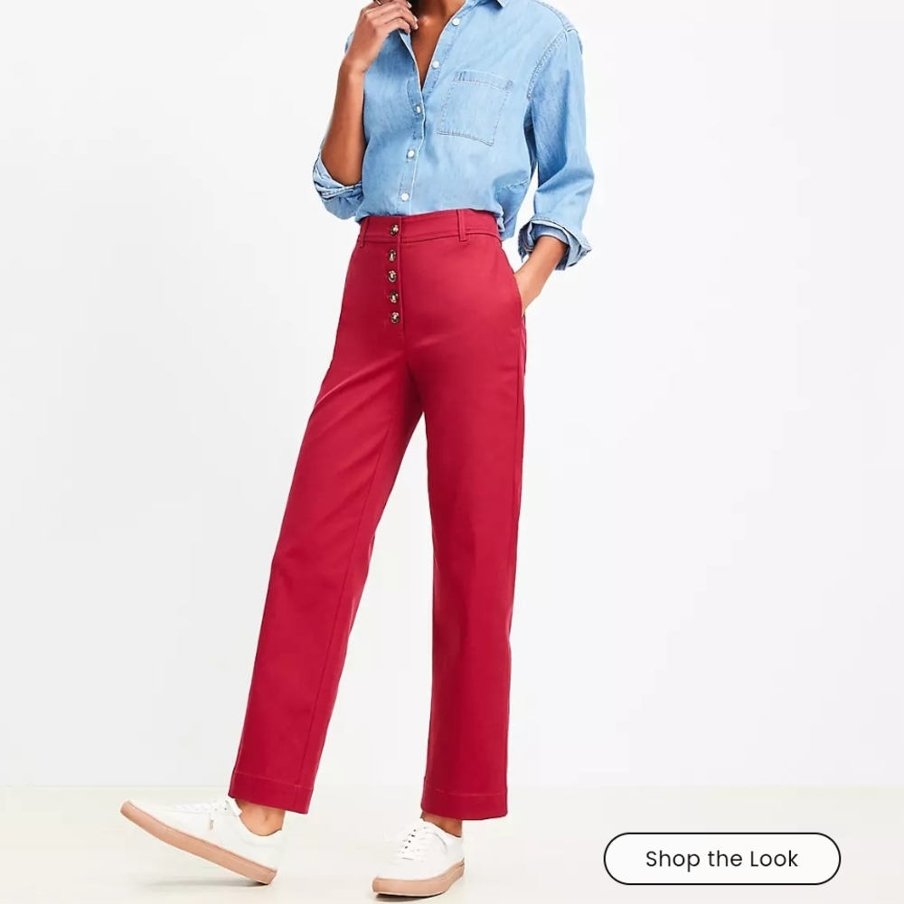 LOFT Button Front High-Waisted Straight Leg Twill Pants in Crimson Red